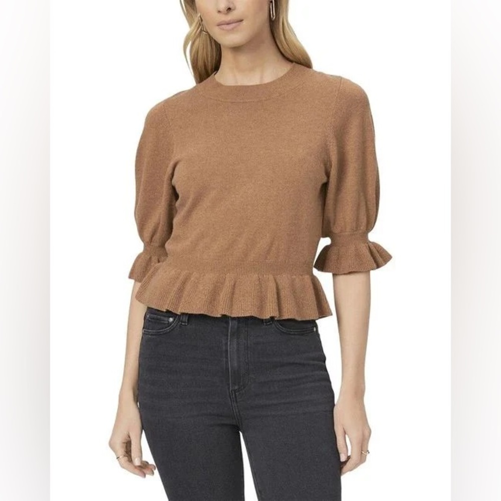 PAIGE Sabelina Merino Wool and Cashmere Blend Peplum Sweater in Dark Caramel